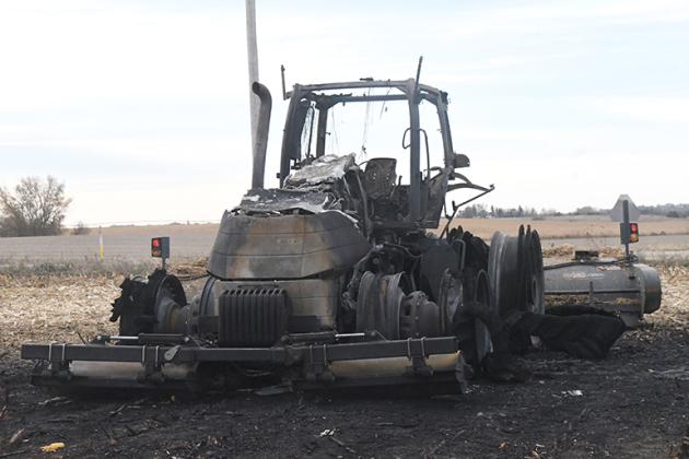 This tractor was destroyed by fire Thursday evening northeast of Aurora.