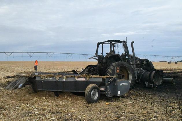 Three Aurora firetrucks were dispatched to 15 and R roads Thursday evening to put out a fire which consumed this tractor.