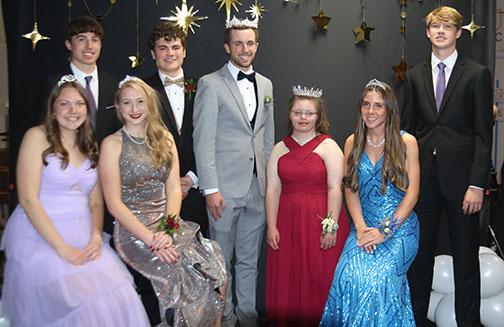 Lucas Riley and Kate Glinn, center, were crowned king and queen of the Aurora High School prom royalty court April 13 at The Leadership Center. Pictured from left is the entire royalty court, including Naela Merrihew, Kaiden Wineteer, Ansley Harvey, Sam Elge, Riley, Glinn, Laighla Gimpel and Graham Christenson.