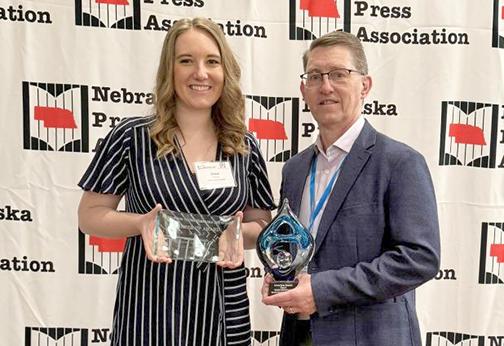 ANR ad representative Bekah Mead, left, was named runner up Saturday in the Nebraska Press Association’s Outstanding Young Journalist award. Pictured at right, co-publisher Kurt Johnson accepted the Omaha World-Herald’s Service to Agriculture award.