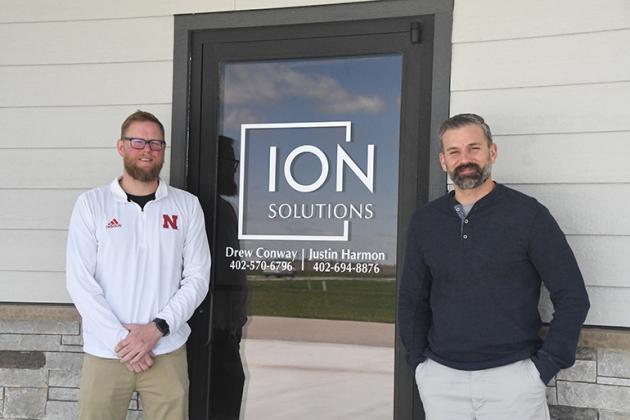 Drew Conway and Justin Harmon stand outside of their business ION (Insurance of Nebraska) Solutions located at 218 Tonya Drive in Giltner.