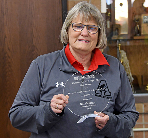 Aurora band teacher Kate Metzger is the latest recipient of the William and Delight Eloe Award for Inspirational Academic Leadership presented by the Hamilton Community Foundation. This year’s award was announced at the annual Aurora Schools Appreciation Luncheon held on the last day of school, Tuesday, May 19. 