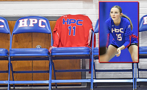 A seat at the front of the High Plains bench was saved for Payton Ackerson, a tribute paid to the High Plains sophomore player who tragically passed away over Labor Day weekend.  Inset:  Ackerson in a volleyball game during her freshman season a year ago for the Storm.