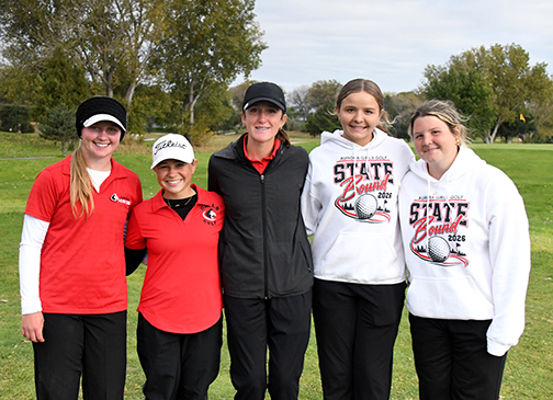 Members of the Lady Husky third place state golf team include, from left: Delainey Phillips, Olivia Dunn, Ellie Beck, Elin Coufal and Lexi SaBell.