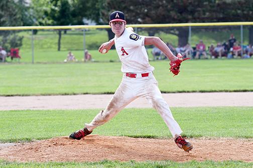 Cayden Phillips of the Pinnacle Bank White squad threw three scoreless innings, allowing just one hit and striking out six in a 3-2 win over the Aurora Cooperative Red team. News-Register/Richard Rhoden