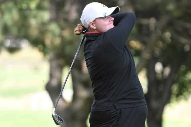 Aurora senior Grace Ziegler eyes a shot Monday in a home triangular. Ziegler and her teammates have a big week ahead, with conference Friday and districts Tuesday.
