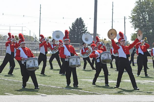 The drum line and brass section showcase some of the tricks the band performed during their field routine.
