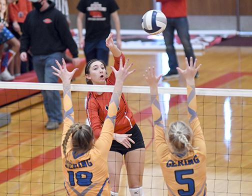Kassidy Hudson led the Lady Huskies with 16 attacks during Aurora’s four-set win over Gering Saturday in the B-7 district final, securing a spot in the state tournament.  