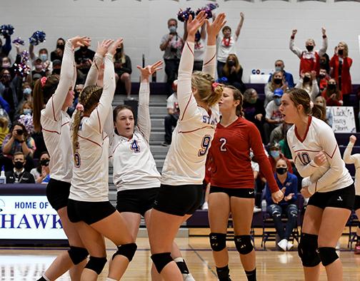 High Plains celebrates a point during a four-set loss to BDS in the D1-2 district final Saturday.