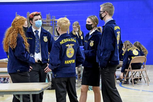 Hampton FFA student’s participating in the LDEs included from left: Abbey Arndt, Thomas Lawson, Eli Arndt, Nevaeh Lukassen and Sam Wishman. Students waited in the gym between events.