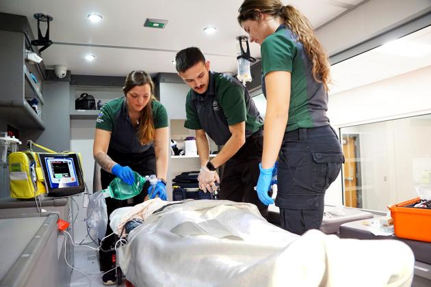 Central Community College paramedicine students treat a patient simulator in a photo taken pre-pandemic. Cheyenne Massey, left, is a CCC graduate who now works full-time for the Aurora Fire Department.