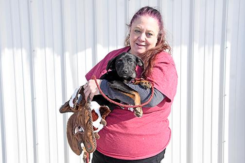 Allison Crist holds up her 73rd foster dog, Huckleberry.
