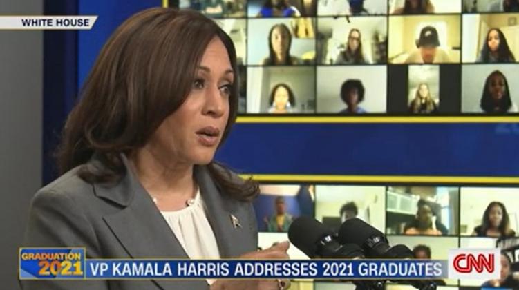 This screen capture shows Vice President Kamala Harris addressing 2021 graduates during the CNN special. Various students, including Journey Noyes, were chosen to Zoom in to the event. They can be seen on the screen behind Harris. 