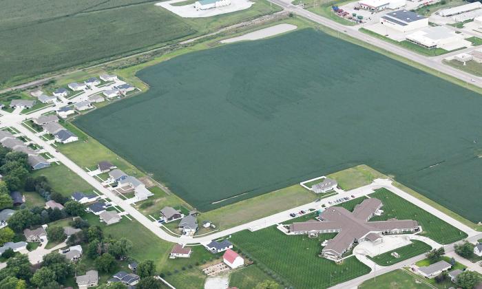 This aerial view of the Streeter Subdivision in Aurora shows where 60 housing lots have been platted in an area now covered with soybeans. Streeter third and fourth additions are located toward the center portion of the photo, between Westfield Quality Care at far right and the 10-unit Streeter Second Subdivision at far left.