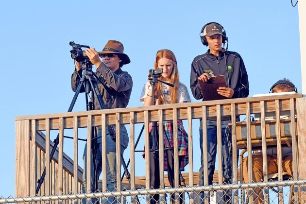 The High Plains Striv crew has a built-in spot high above the football field at Clarks, pictured here broadcasting the BDS game earlier this season. 