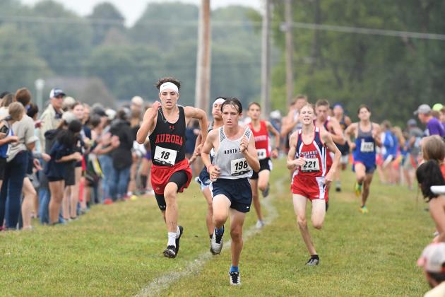 Lucas Gautier sprints toward the finish of Thursday’s Charlie Thorell Invite in Seward, where he led the team with a 36th place finish.