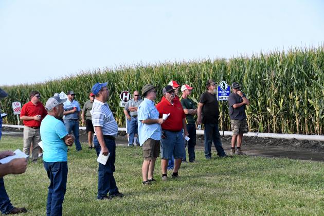 Area producers listen to seed providers share insight during the annual test plot tour north of Hampton on Aug. 30.
