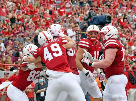 Nate Boerkircher (49) and Austin Allen (11) were on the field at the same time in a two tight end set late in the third quarter for the Big Red. 