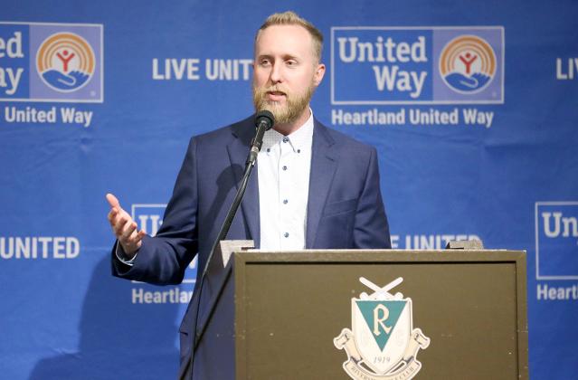 Photo courtesy of Josh Salmon/The Grand Island Independent // Brandon McDonough shares his inspirational story of tragedy, despair and triumph during the Heartland United Way kickoff luncheon Thursday in Grand Island.