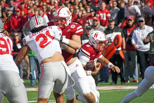 Austin Allen (11) secures the edge as Nebraska quarterback Adrian Martinez comes off his rear for a third quarter touchdown in the Huskers’ 26-17 loss to No. 5 Ohio State Saturday. 