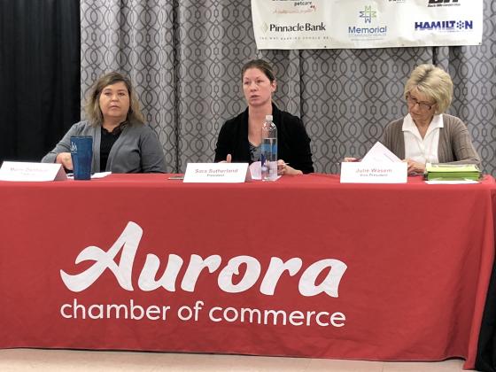 Members of the Aurora Chamber of Commerce met last week for the annual meeting. Pictured from left are treasurer Marni Danhauer, president Sara Sutherland and vice president Julie Wasem.
