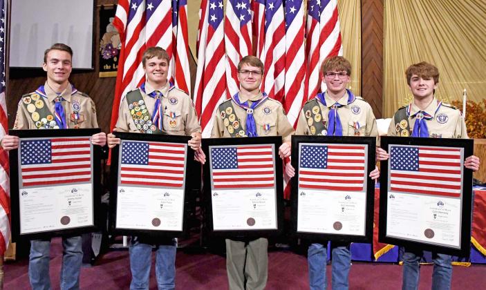 Pictured from left are Aurora Troop 28’s five newest Eagle Scouts, including Jeremy Hunter, Aiden Feely, Mitchel Breuer, Astin Kennedy and Colin Kennedy.