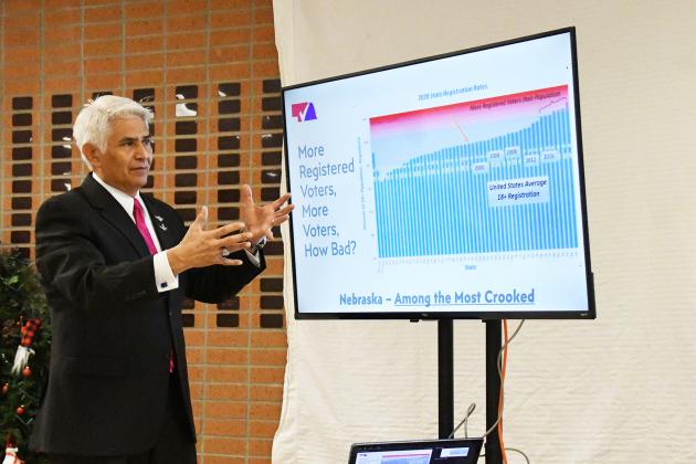 Larry Ortega, a co-founder of the Nebraska Voter Accuracy Project, presented a number of data analysis reports Saturday in Aurora which he believes proves that the 2020 Nebraska election was fraudulent.