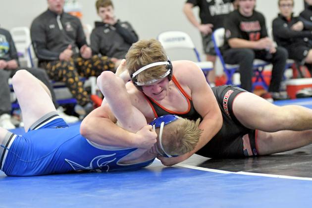 Jack Allen gave the crowd a show to finish out Aurora’s dual with Columbus Lakeview, getting a pinfall victory over Lakeview’s Landon Ternus in what was a ranked matchup at 220. 