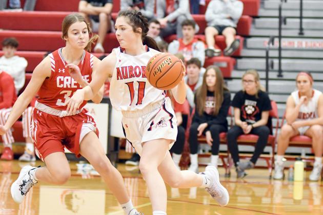 Aurora senior Taylor Janda attacks the lane during the second half of the Lady Huskies’ 43-32 win over Crete Thursday. 
