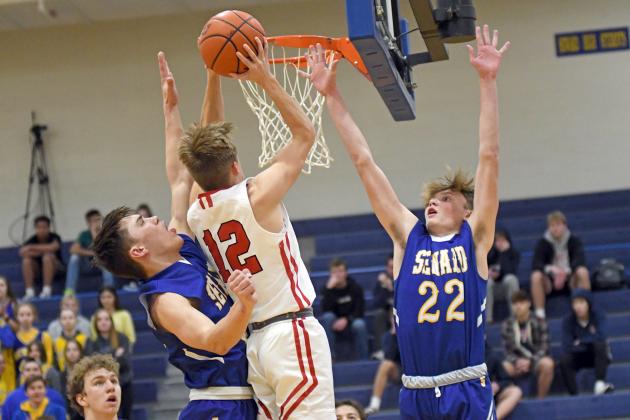 Carsen Staehr finds a gap between two Seward defenders during a 49-33 loss to Seward in the Central Conference semifinals Thursday. 