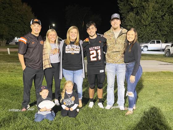 Giltner High School’s Hornet football team celebrated its senior night, as did Pablo Gregori, with help from host and extended family members and friends including Ben Hinrichs, Aleece Fiala, Sierra Eastman, Josh Hinrichs, Brooke Williams and youngsters Maddox and Riggins Eastman.