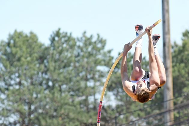 Caden Carlson won the pole vault event at Monday’s Central Nebraska Track Championships with a mark of 14-03. 