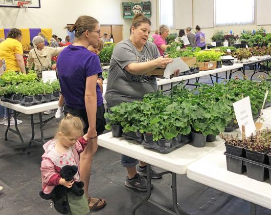 Hampton teacher Tammy Wolinski, right, helps Alyssa Jacobs fill our her order during Saturday’s plant sale, organized for the first time this year by the Hampton Booster Club and Hampton Public Schools.