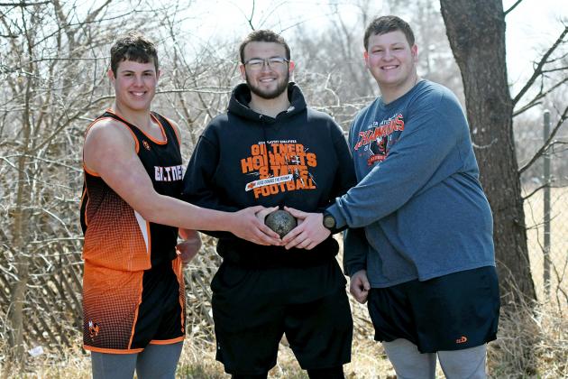 Giltner’s Smith trio of Taylor, Jacob and Alex finished 1-2-3 in the shot put event at Friday’s Osceola Invite, the first time in a varsity event. 