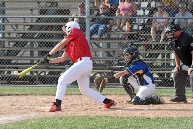 Bradin Kennedy gets the bat on the ball during Aurora’s 4-1 loss to Grand Island at home last week. 
