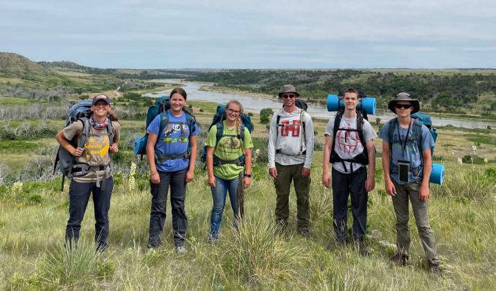    Pictured last week on a backpacking hike into camp at Niobrara Valley Preserve are, from left: Sarah Bailey, Zildjian Sandberg, Kim Evans, Alex Briner, Atticus Miller and Jacob Fink.