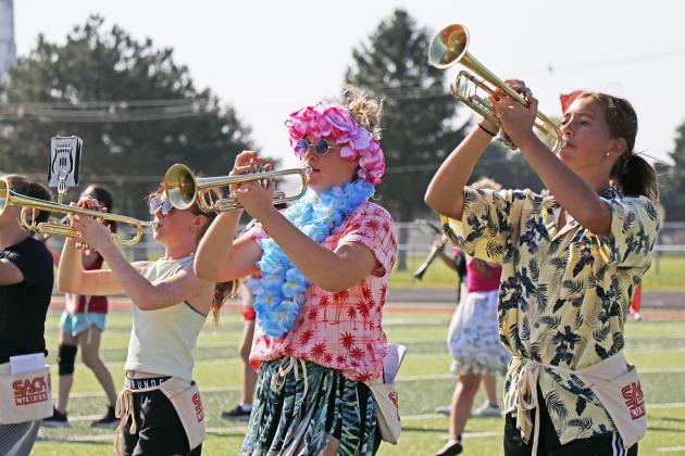 Trumpets Ellie Brown (left), Gentri Rasmussen and Emi Huls, among others, were all-in for beach day during Friday band camp. The band will be showcasing an impressive Pirates of the Caribbean themed performance this year.