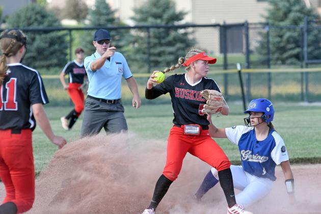 Aurora’s Morgan Bonifas gets the force out at second and looks to turn the double play during a 6-2 loss against Gering Friday during its home tournament.