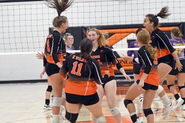 Giltner’s volleyball team celebrates after scoring the final point to pick up a two-set win over Hampton at the Dorchester triangular Thursday night. 