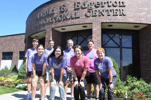 The group behind instruction and help with the 2022 Edgerton Explorit Center summer camps included, front from left: Sarah Springer, Lilli Champion, Torri Danhauer, Mary Molliconi.  Back row: Jake Cattau, Lucas Riley, Derek Wilson, Sam Elge.