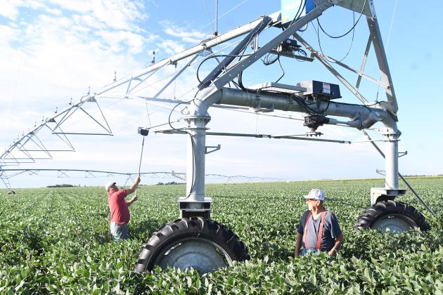 Farmer Don Campbell watches his son Mike put up the pivot stabilizer he created in his soybean field south of Aurora. The two legs help to stabilize the pivot in high-wind weather.