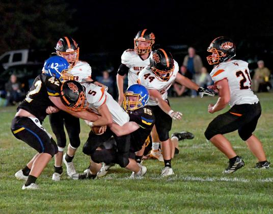 Giltner's Marshall Humphrey battles in the trenches during a 64-36 loss to Nebraska Lutheran. 