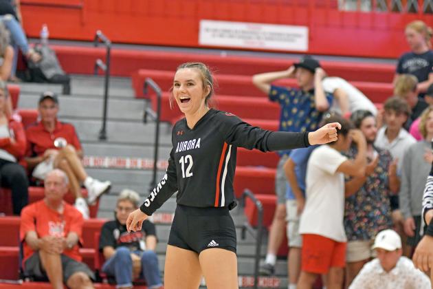 Aurora’s Madisyn Willis celebrates after a point scored during a game earlier this season. The Lady Huskies are riding a four-game win streak after wins against Seward and Hastings. 