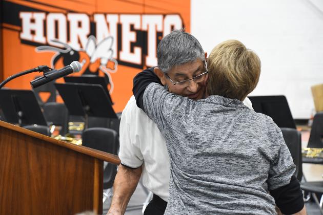 Giltner Area Development Corporation member Paula Consbruck gives a hug to veteran and guest speaker Robert Briseno, who gave a speech on his time in “The Old Guard” 3rd Army Infantry Regiment during Giltner’s Veterans Day program Nov. 9.