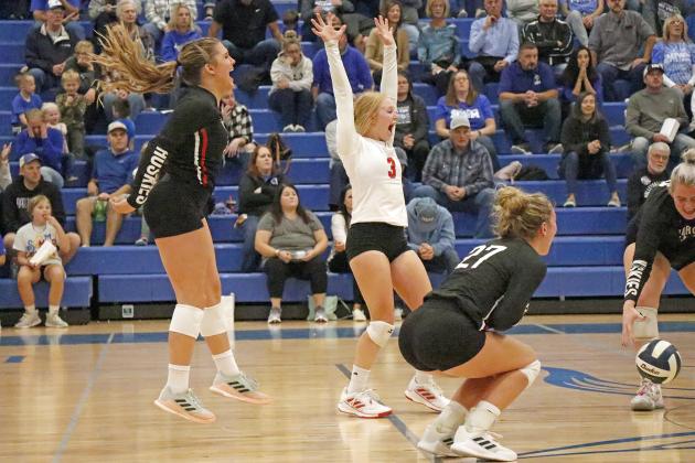 Aurora celebrates a game point during the Lady Huskies’ five-set loss to Columbus Lakeview in the finals of the C1-7 subdistrict tournament last week.