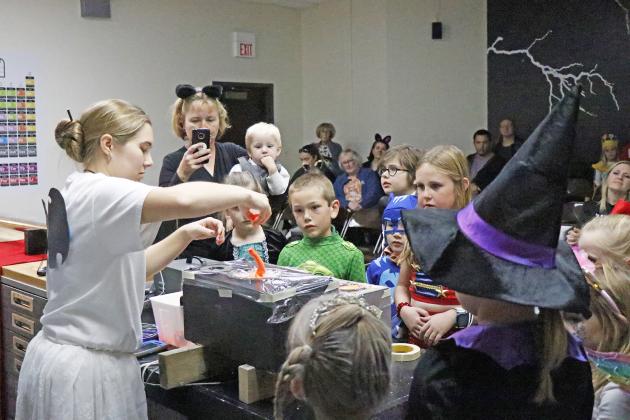 Edgerton mad scientist Nicole Havlik demonstrates the power of sound during the “Rarely Seen” presentation at Sunday’s Edgerton Spooktacular.