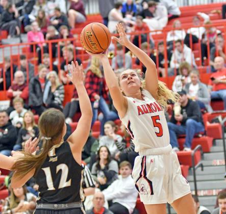 Kasey Schuster tallied a double-double with 10 points and 10 rebounds in Aurora’s 40-32 win over GINW Saturday. 