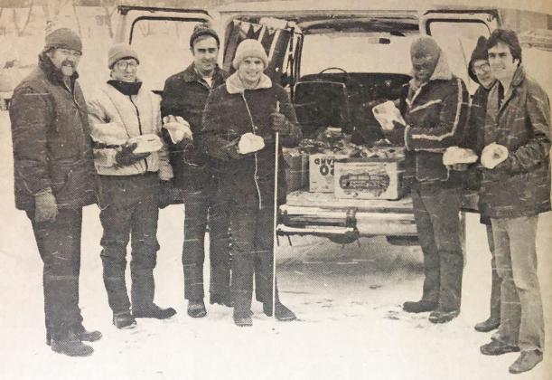 A group of kind-hearted Aurora Jaycees distributing Christmas fruit baskets in 1989 included, from left: Wayne Roblee, Gordon Hope, Larry Jones, Darrell Walla,Greg Meier, Dave Laferla and Steve Vrana.