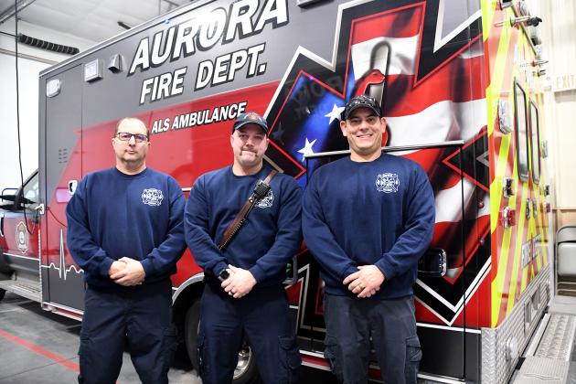 Pictured from left are Kory Ekhoff, Captain Tanner Greenough and Grant Carlson. All are members of Aurora’s fire-based EMS crew who previously held similar positions in Grand Island.