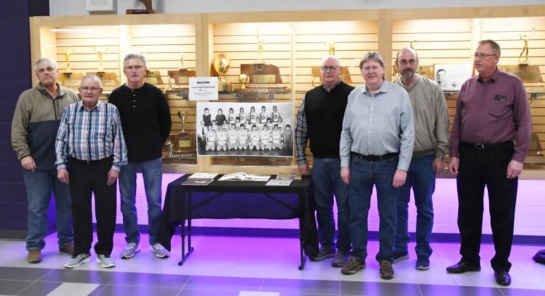 Members of the 1972-73 Hampton state champion basketball team honored last week included, from left: Brian Wall, assistant coach Jim Tonnic, coach Jerry Eickhoff, Dean Klute, Bob Kohtz, Mark Olsen and Tom Schrader.